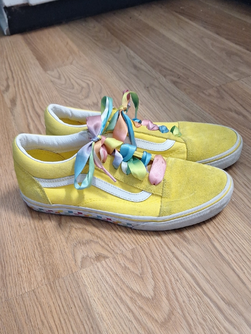 Vans Kids Yellow Suede Skate Shoes with Rainbow Ribbon Laces